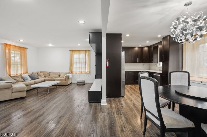 Dining room, Interior, Kitchen, Living room, Pendant Lights, Recessed Lighting, Wood Texture Flooring