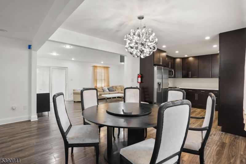 Chandelier, Dining room, Interior, Kitchen, Recessed Lighting, Wood Texture Flooring