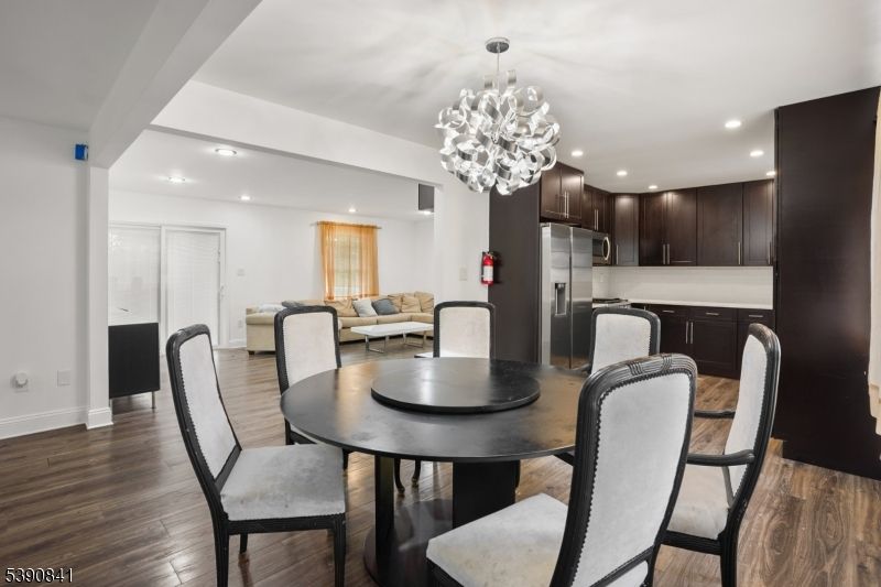 Chandelier, Dining room, Interior, Kitchen, Recessed Lighting, Wood Texture Flooring