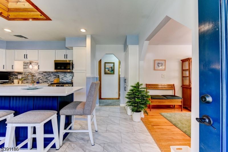 Interior, Kitchen, Marble, Recessed Lighting, Wood Texture Flooring