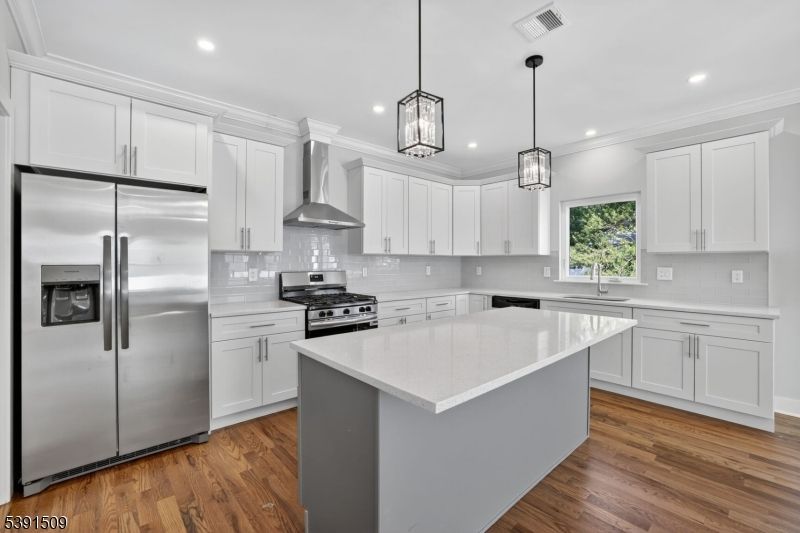Interior, Kitchen, Pendant Lights, Recessed Lighting, Stainless Steel Appliances, Wood Texture Flooring
