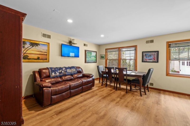 Dining room, Interior, Living room, Recessed Lighting, Wood Texture Flooring