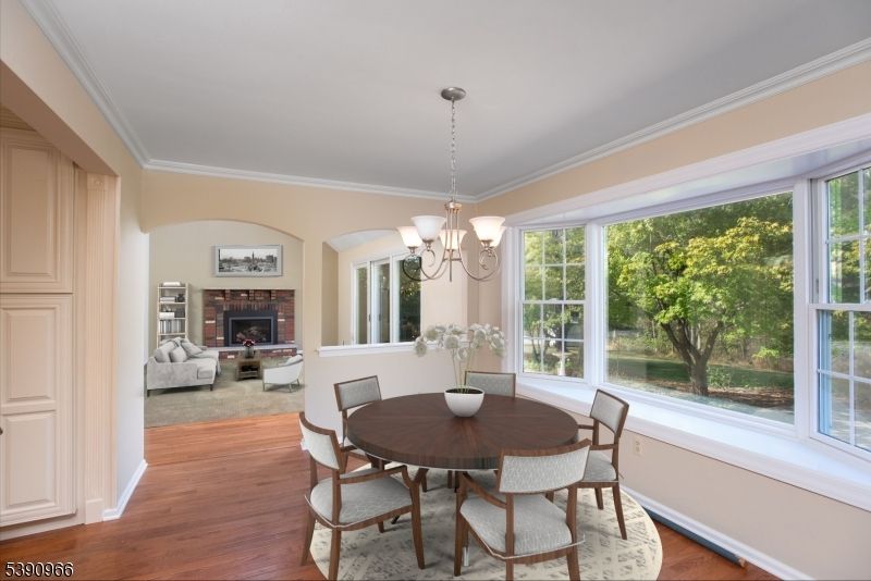 Chandelier, Dining room, Fireplace, Interior, Living room, Wood Texture Flooring