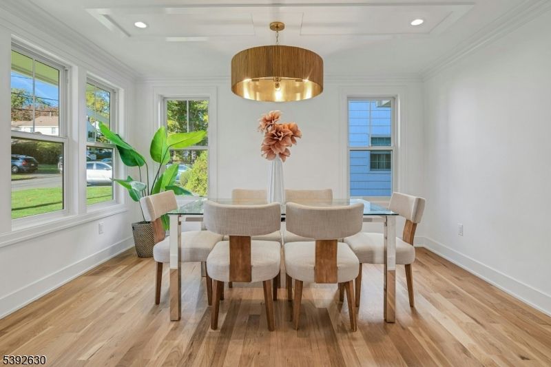 Dining room, Interior, Pendant Lights, Recessed Lighting, Wood Texture Flooring