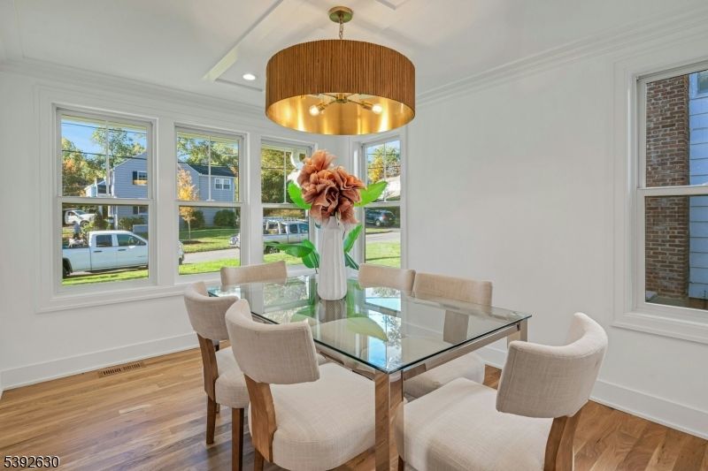 Dining room, Interior, Pendant Lights, Recessed Lighting, Wood Texture Flooring