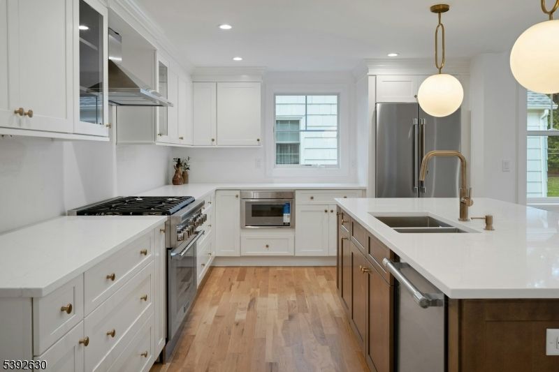 Interior, Kitchen, Pendant Lights, Recessed Lighting, Stainless Steel Appliances, Wood Texture Flooring