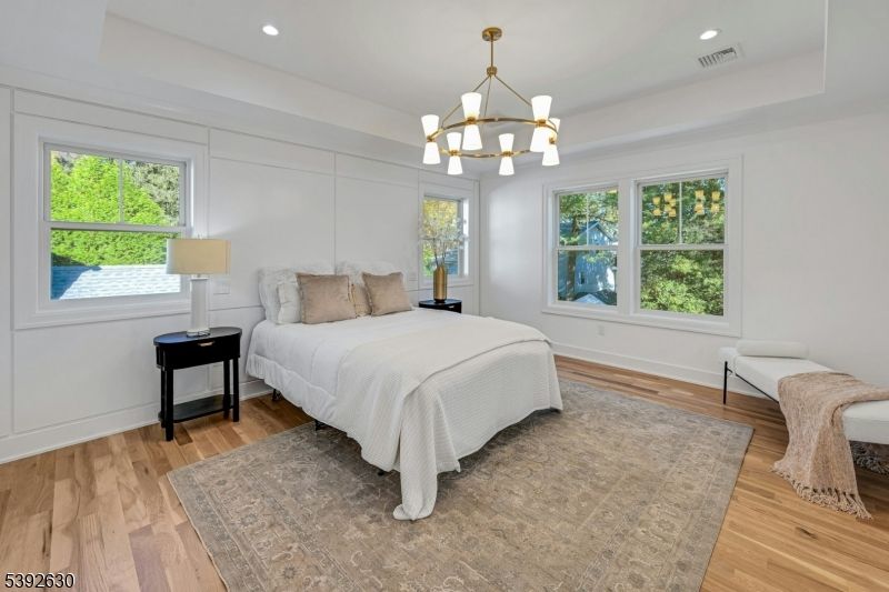 Bedroom, Chandelier, Interior, Pendant Lights, Recessed Lighting, Wood Texture Flooring