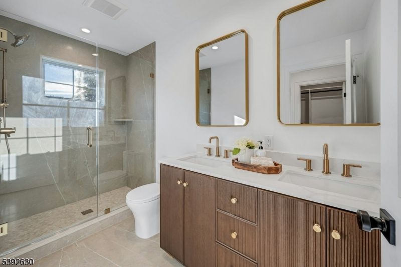 Bathroom, Dual Sink Vanities, Glass Shower, Interior, Recessed Lighting