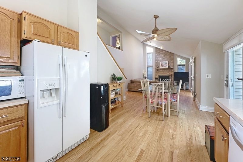 Dining room, Fireplace, Interior, Kitchen, Stone Walls, Wood Texture Flooring