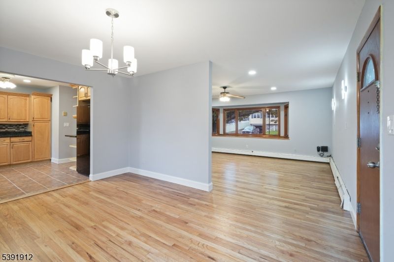 Chandelier, Empty room, Interior, Kitchen, Pendant Lights, Recessed Lighting, Wood Texture Flooring