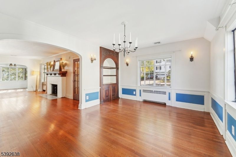 Empty room, Fireplace, Interior, Pendant Lights, Wood Texture Flooring