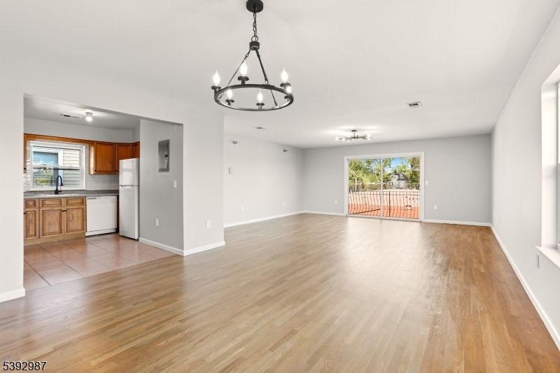 Chandelier, Empty room, Interior, Kitchen, Wood Texture Flooring