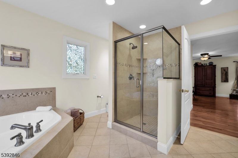 Bathroom, Glass Shower, Interior, Recessed Lighting, Wood Texture Flooring