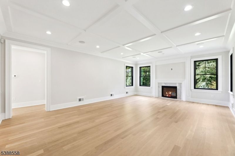 Empty room, Fireplace, Interior, Recessed Lighting, Wood Texture Flooring