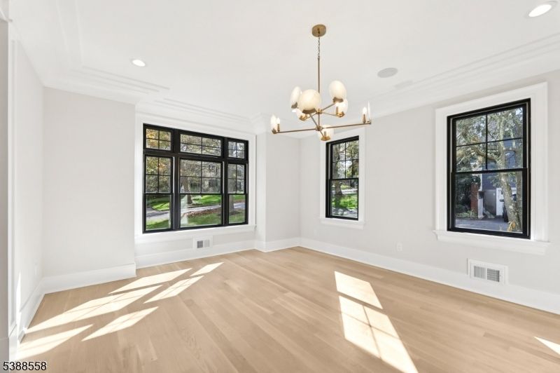 Chandelier, Empty room, Interior, Recessed Lighting, Wood Texture Flooring