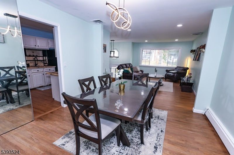 Dining room, Interior, Living room, Pendant Lights, Recessed Lighting, Wood Texture Flooring