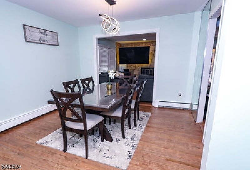 Dining room, Interior, Pendant Lights, Recessed Lighting, Wood Texture Flooring
