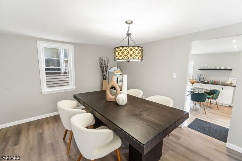 Dining room, Interior, Pendant Lights, Recessed Lighting, Wood Texture Flooring