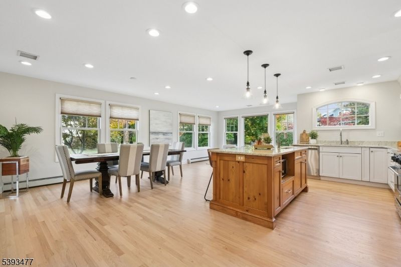 Dining room, Interior, Kitchen, Pendant Lights, Recessed Lighting, Wood Texture Flooring