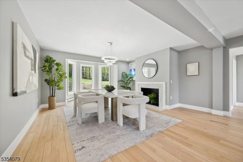 Chandelier, Dining room, Fireplace, Interior, Wood Texture Flooring