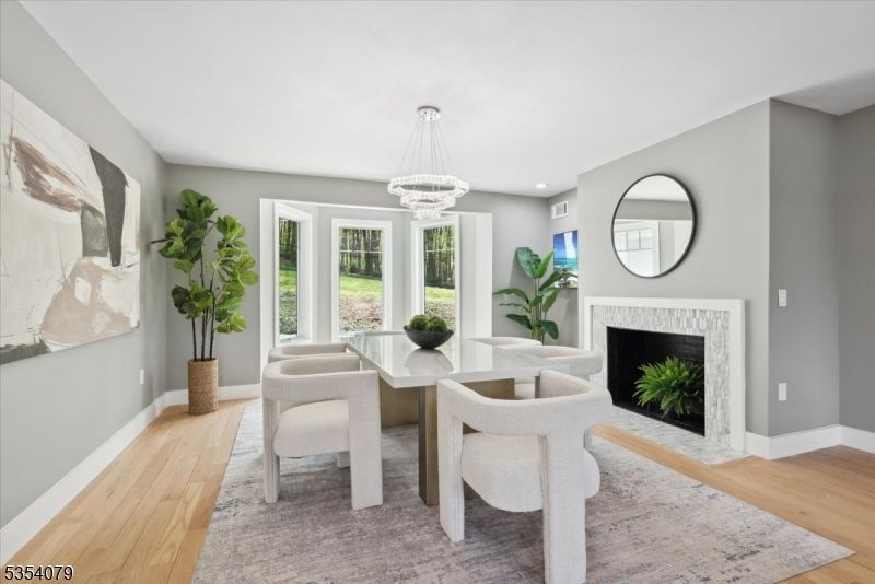 Chandelier, Dining room, Fireplace, Interior, Recessed Lighting, Wood Texture Flooring