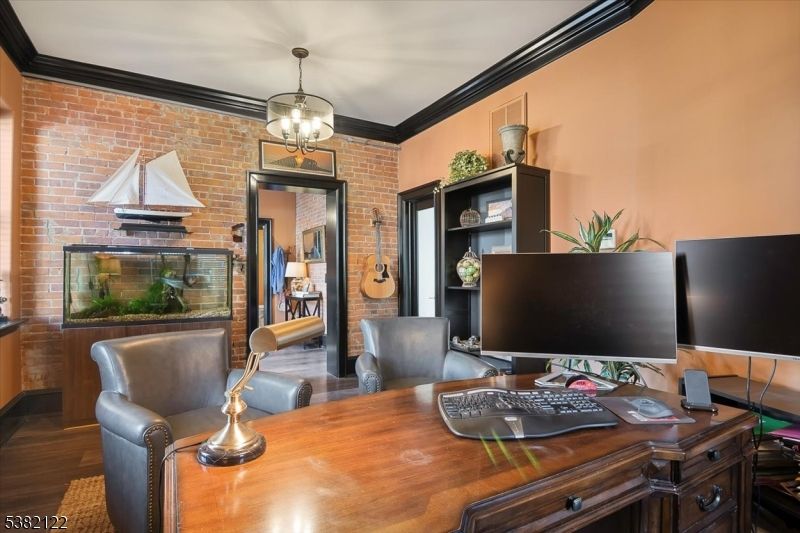 Chandelier, Home Office, Interior, Pendant Lights, Stone Walls, Wood Texture Flooring