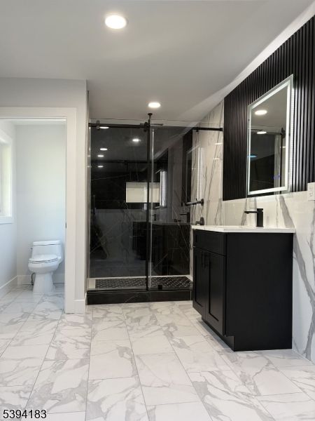 Bathroom, Glass Shower, Interior, Marble, Marble Walls, Recessed Lighting