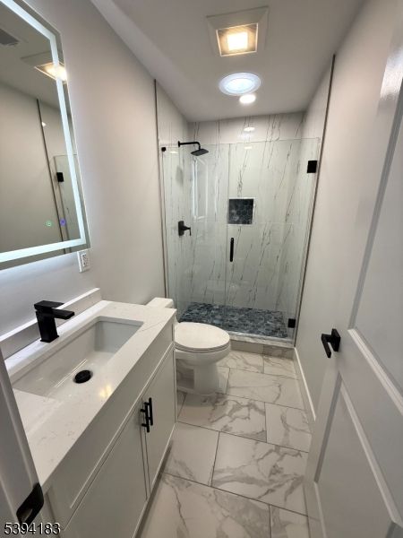 Bathroom, Glass Shower, Interior, Marble, Marble Walls, Recessed Lighting