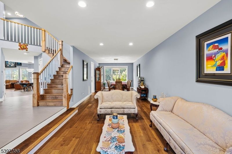 Dining room, Interior, Living room, Recessed Lighting, Wood Texture Flooring