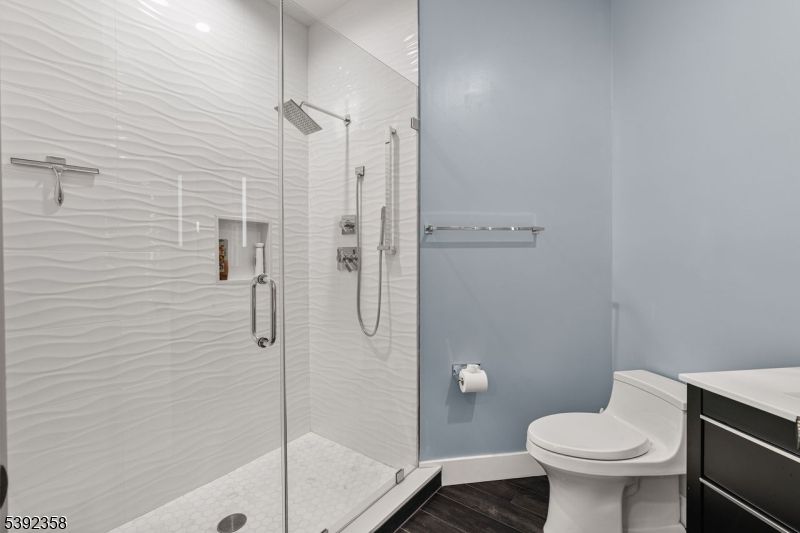 Bathroom, Glass Shower, Interior, Wood Texture Flooring