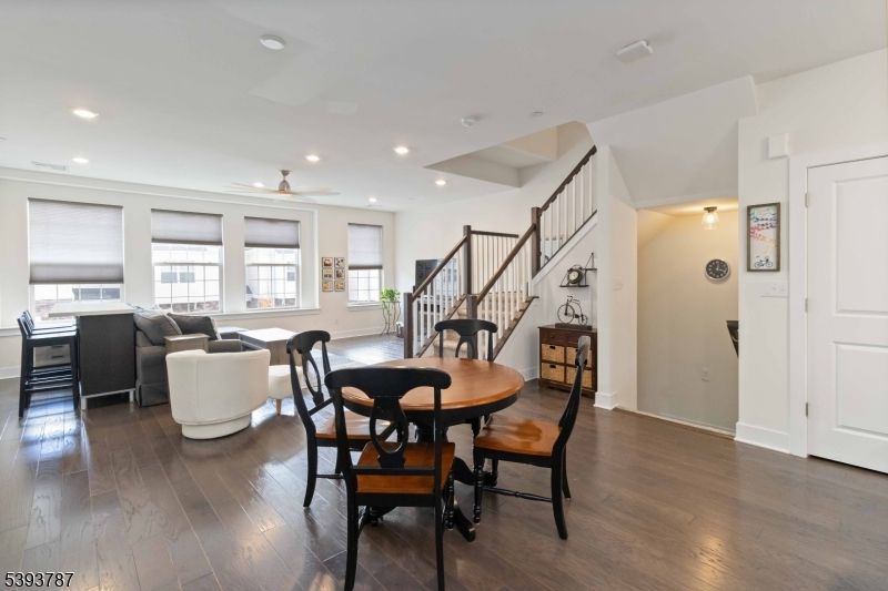 Dining room, Interior, Living room, Recessed Lighting, Wood Texture Flooring