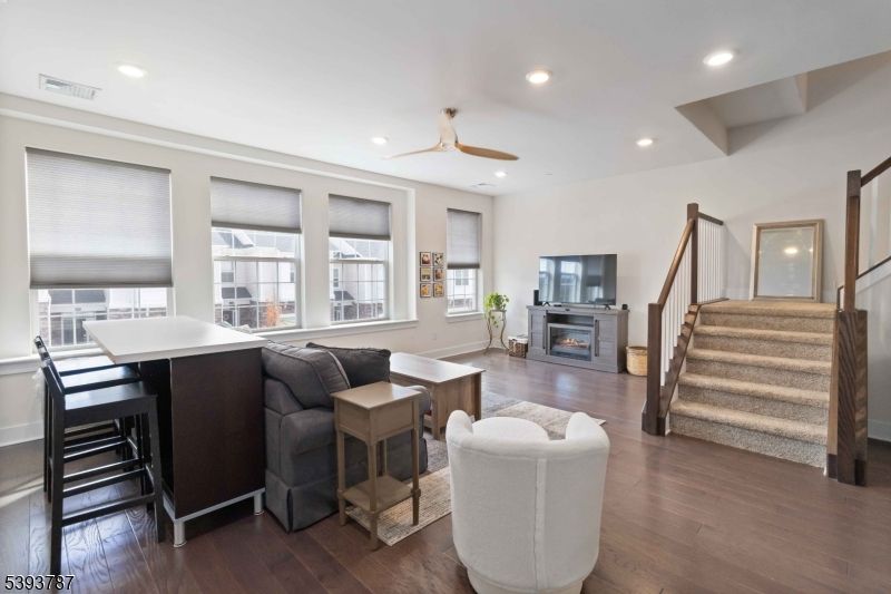 Fireplace, Interior, Living room, Recessed Lighting, Wood Texture Flooring