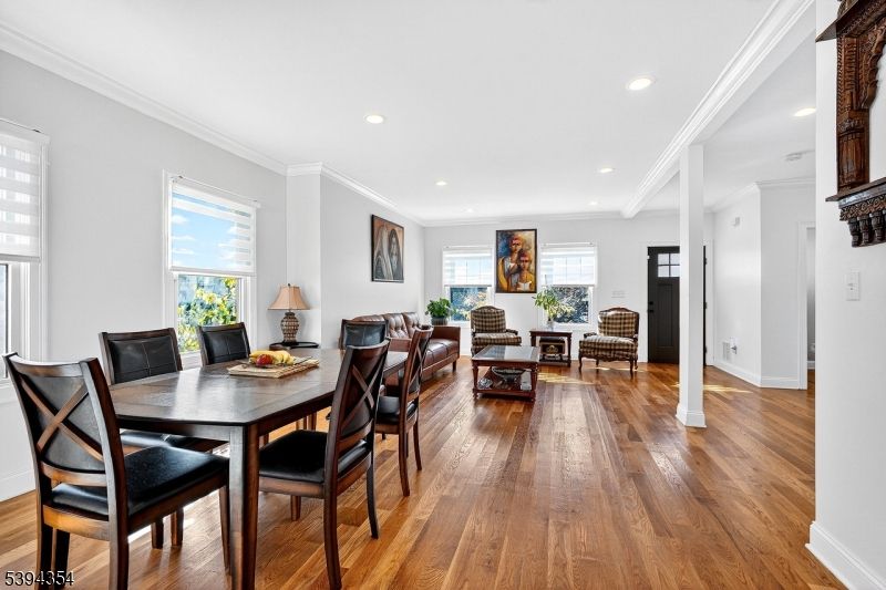 Dining room, Interior, Living room, Recessed Lighting, Wood Texture Flooring