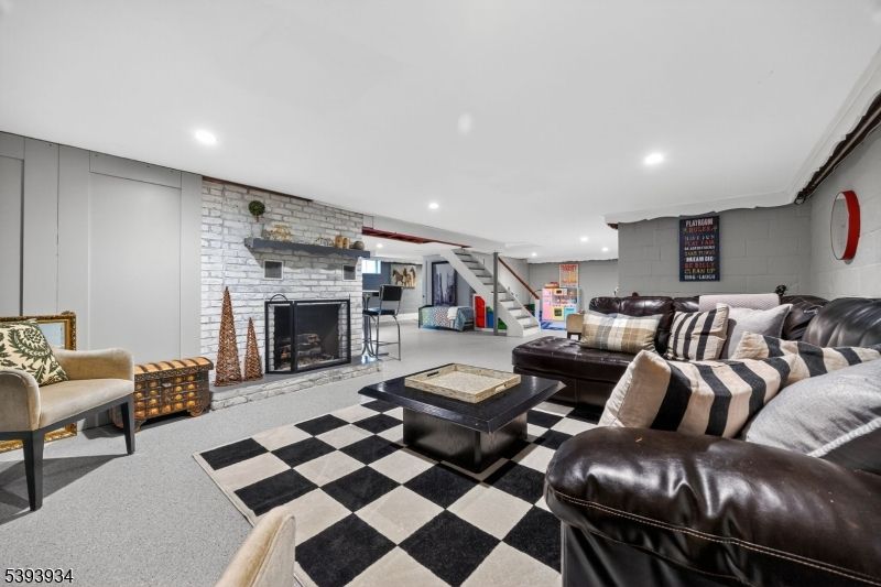 Fireplace, Interior, Living room, Recessed Lighting, Stone Walls