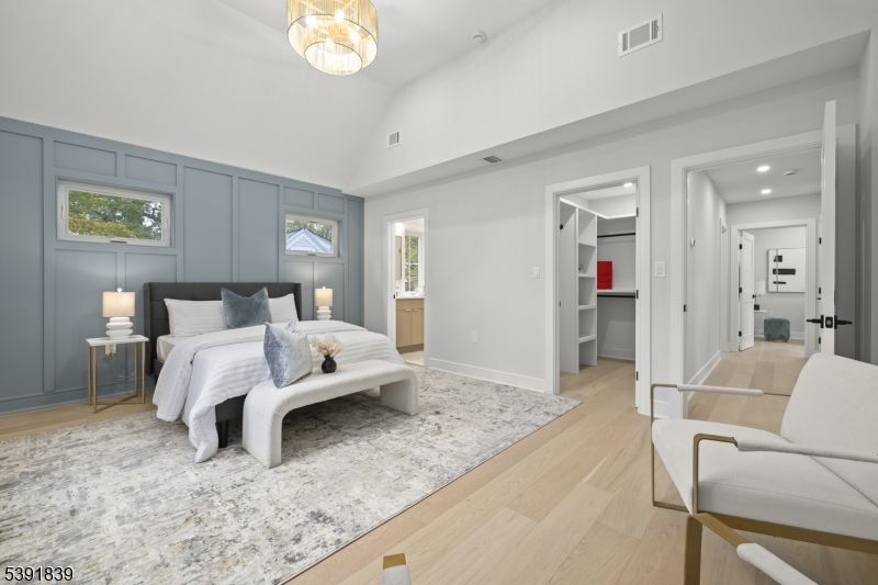 Bedroom, Interior, Pendant Lights, Recessed Lighting, Wood Texture Flooring