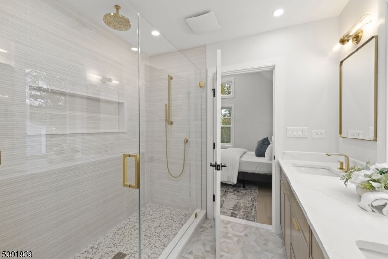 Bathroom, Bedroom, Dual Sink Vanities, Glass Shower, Interior, Marble, Recessed Lighting