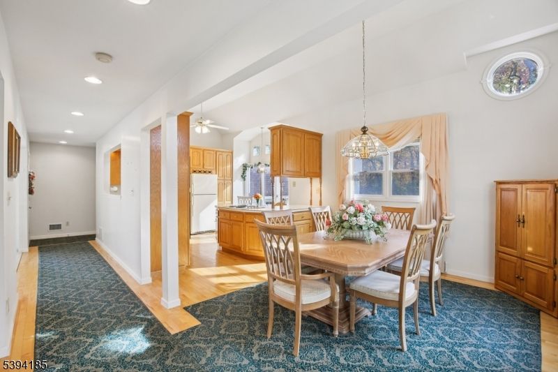 Dining room, Interior, Kitchen, Pendant Lights, Recessed Lighting, Wood Texture Flooring
