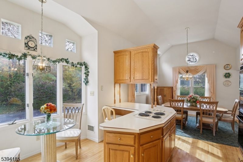 Dining room, Interior, Kitchen, Pendant Lights, Wood Texture Flooring