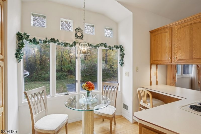 Dining room, Interior, Pendant Lights, Wood Texture Flooring