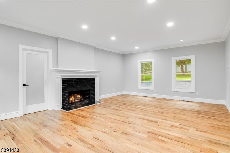 Empty room, Fireplace, Interior, Recessed Lighting, Wood Texture Flooring