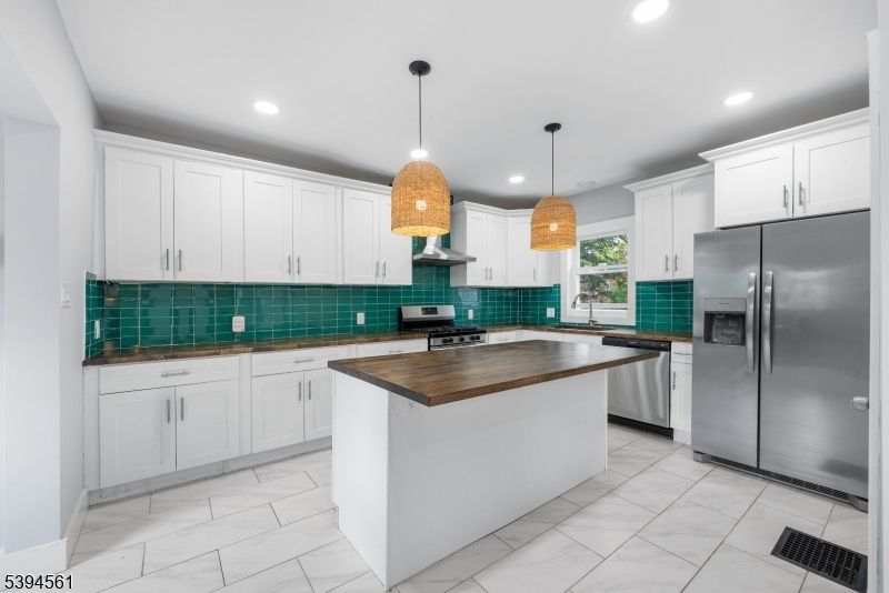 Interior, Kitchen, Marble, Pendant Lights, Recessed Lighting, Stainless Steel Appliances