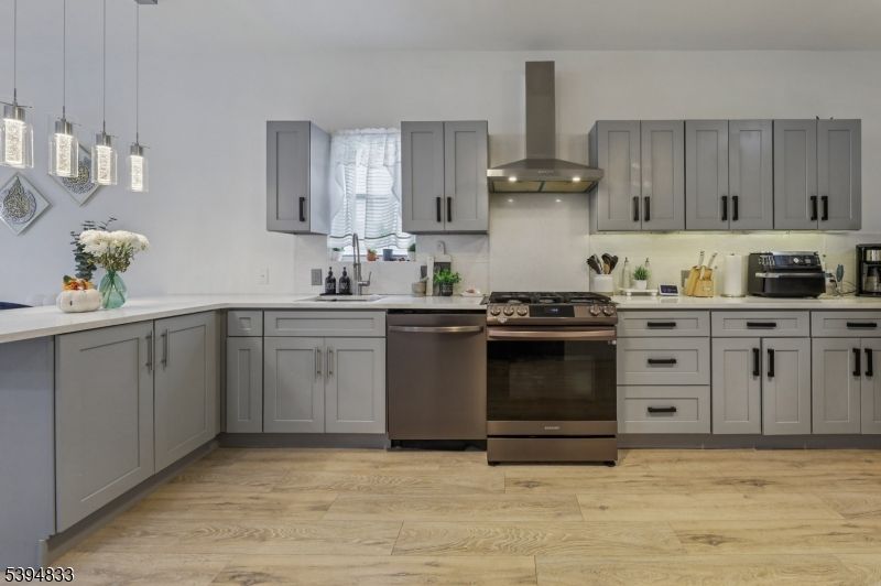 Interior, Kitchen, Pendant Lights, Stainless Steel Appliances, Wood Texture Flooring