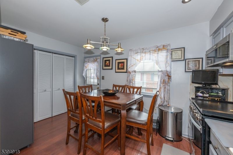 Dining room, Interior, Pendant Lights, Recessed Lighting, Wood Texture Flooring