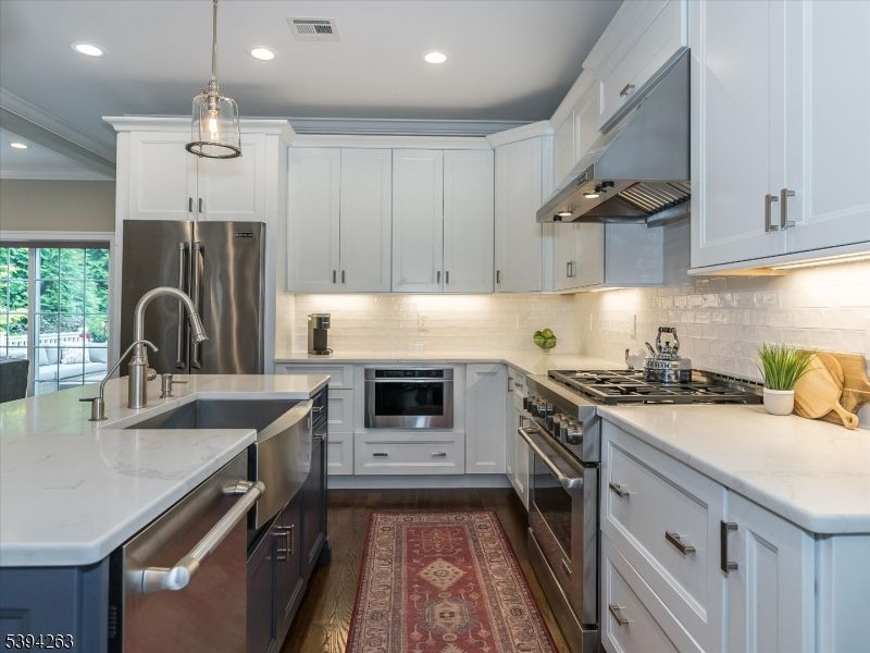Interior, Kitchen, Pendant Lights, Recessed Lighting, Stainless Steel Appliances, Wood Texture Flooring