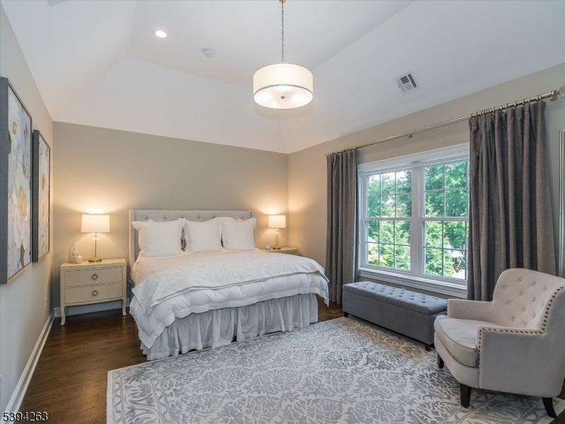 Bedroom, Interior, Pendant Lights, Recessed Lighting, Wood Texture Flooring