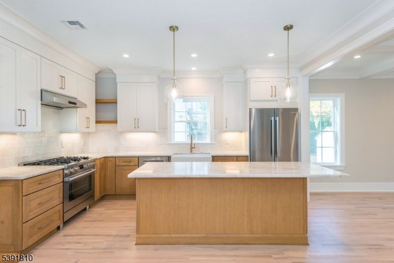 Interior, Kitchen, Pendant Lights, Recessed Lighting, Stainless Steel Appliances, Wood Texture Flooring