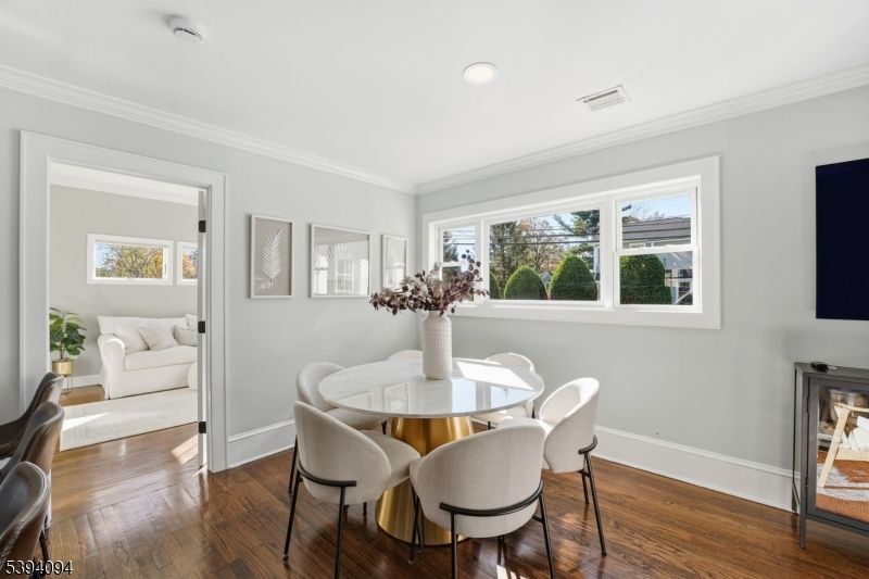 Dining room, Interior, Recessed Lighting, Wood Texture Flooring