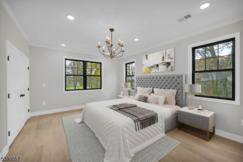 Bedroom, Chandelier, Interior, Recessed Lighting, Wood Texture Flooring