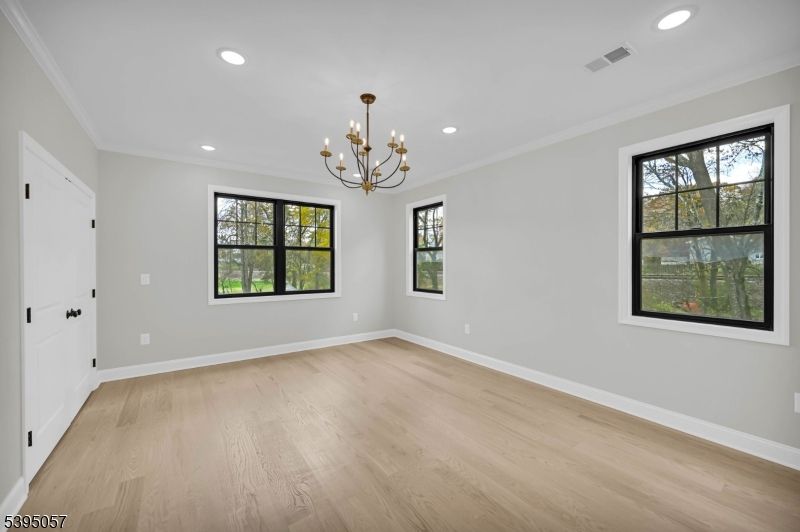 Chandelier, Empty room, Interior, Recessed Lighting, Wood Texture Flooring