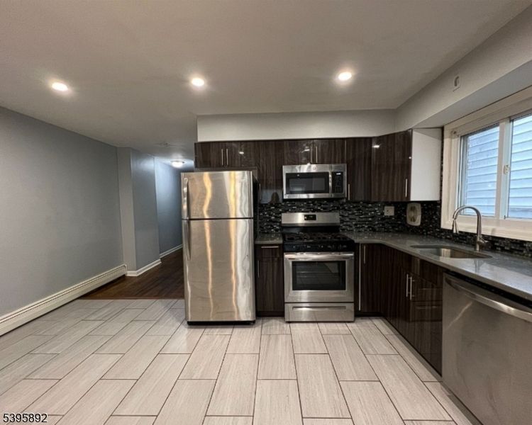 Interior, Kitchen, Recessed Lighting, Stainless Steel Appliances, Wood Texture Flooring